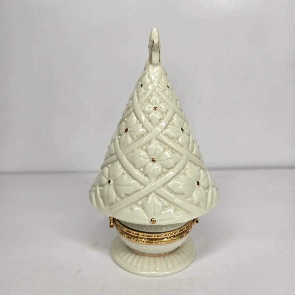Vtg Ceramic Christmas Tree Hinged Trinket Box White‎ Gold Stars Holiday Decor